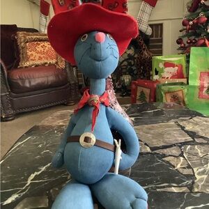 Large overstuffed denim dressed cowboy rabbit plush 22 inches